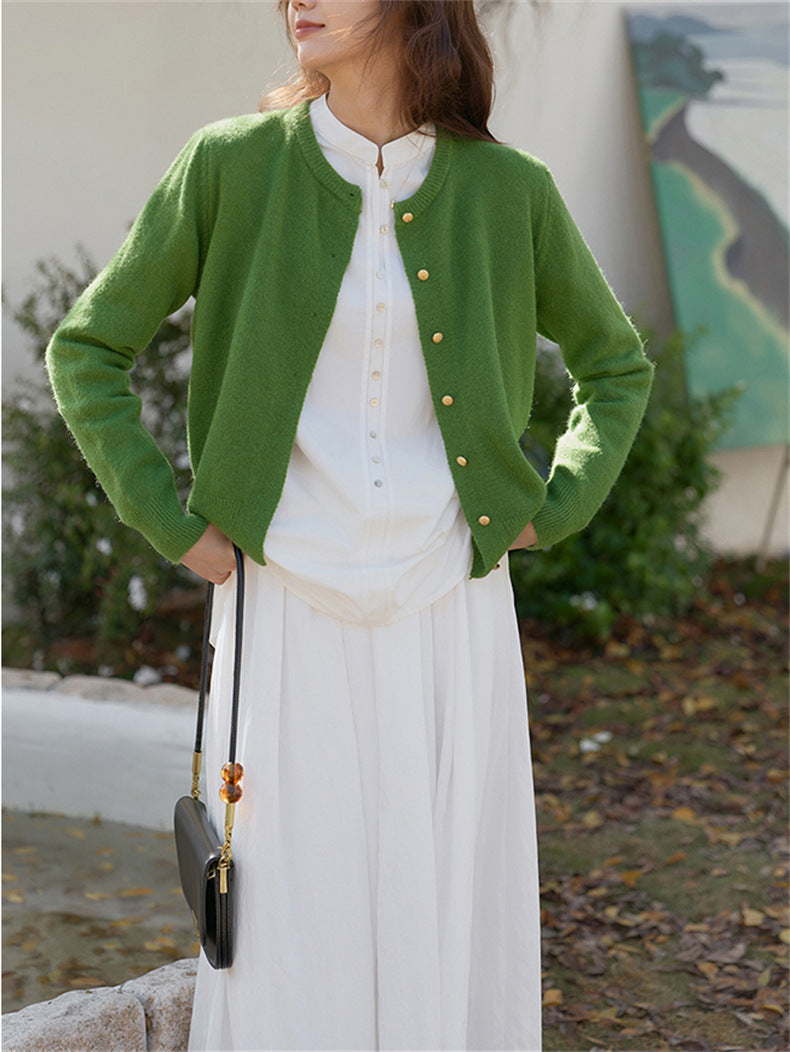 Drune | Strickjacke - Retro Rundhalsausschnitt - Kleine goldene Knopfdetails