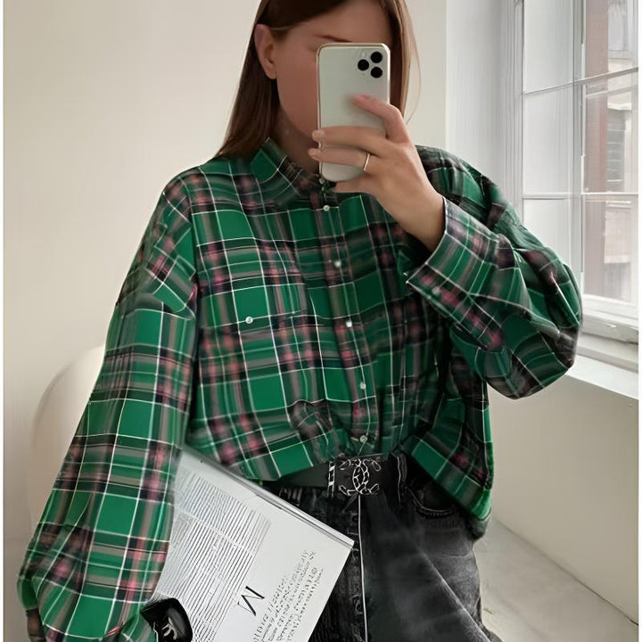 Damen Karo Oversize Flanellhemd Bluse mit Druckknopfblende und Hemdkragen Drune