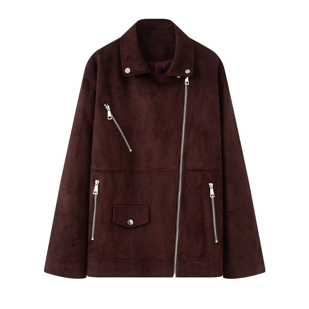 Damen nan lange Oversize-Bikerjacke in Veloursoptik mit diagonalem Reißverschluss und Mehrfachtaschen Drune