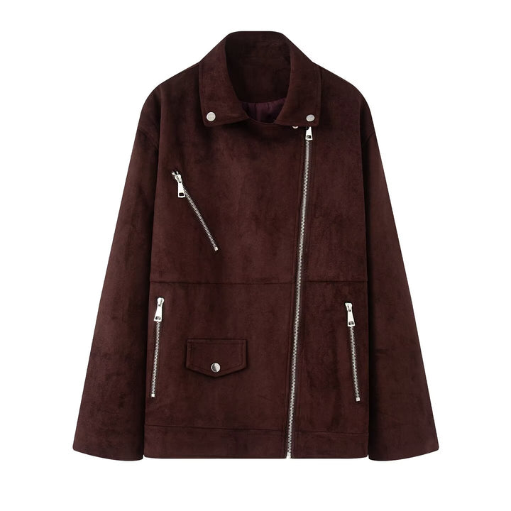 Damen nan lange Oversize-Bikerjacke in Veloursoptik mit diagonalem Reißverschluss und Mehrfachtaschen Drune