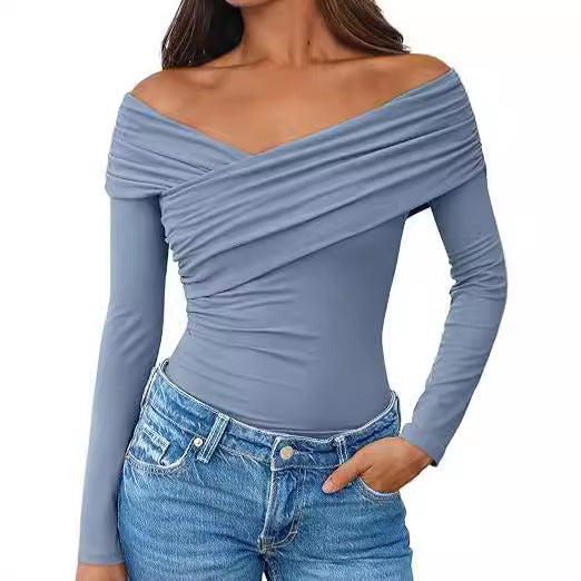 Damen Off-Shoulder Langarm-Top mit Wickeloptik und figurbetontem Stretch-Jersey Drune