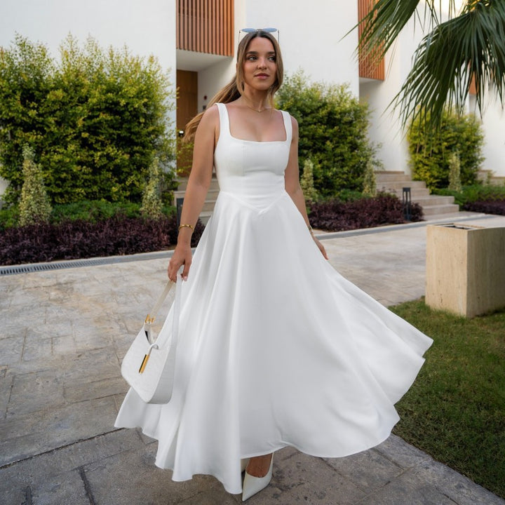 Damen Elegantes Maxikleid mit quadratischem Ausschnitt und fließendem Rock Drune