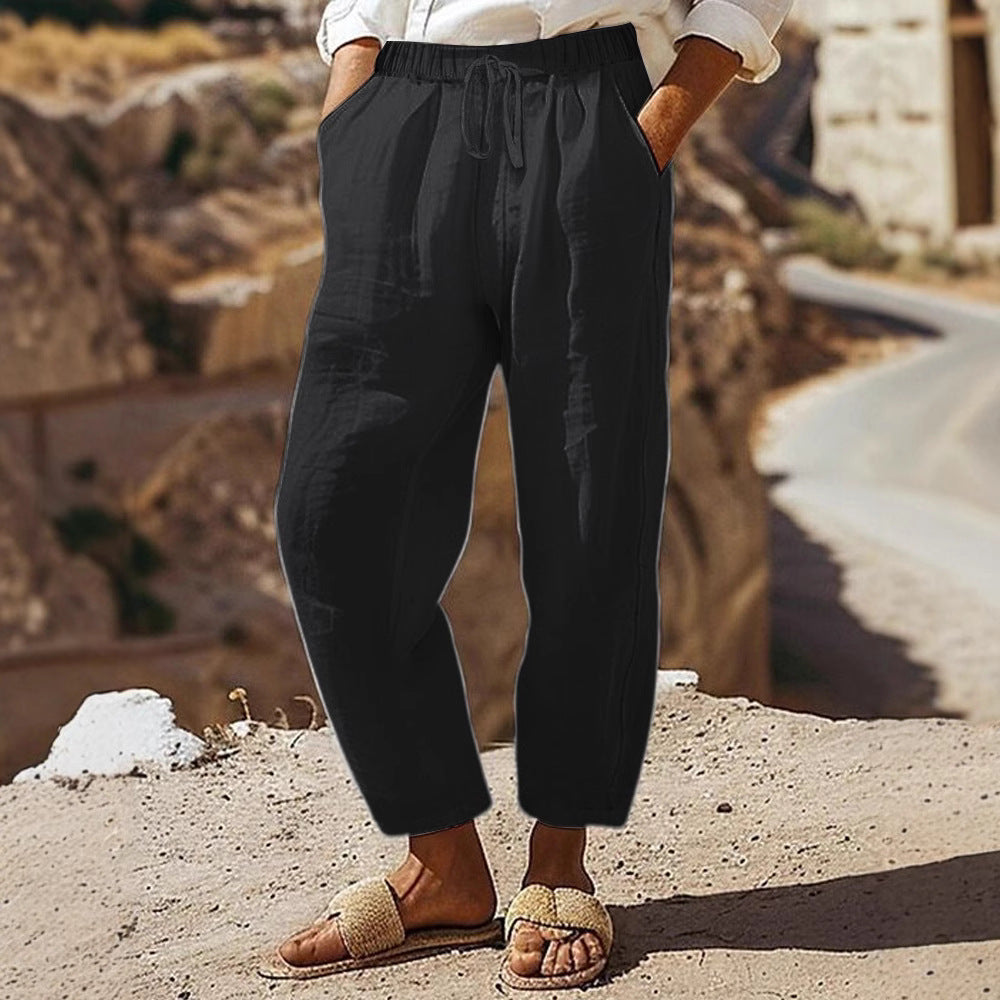 Damen Casual-Chino Leinenoptik Culotte mit elastischem Tunnelzugbund und Eingrifftaschen Drune