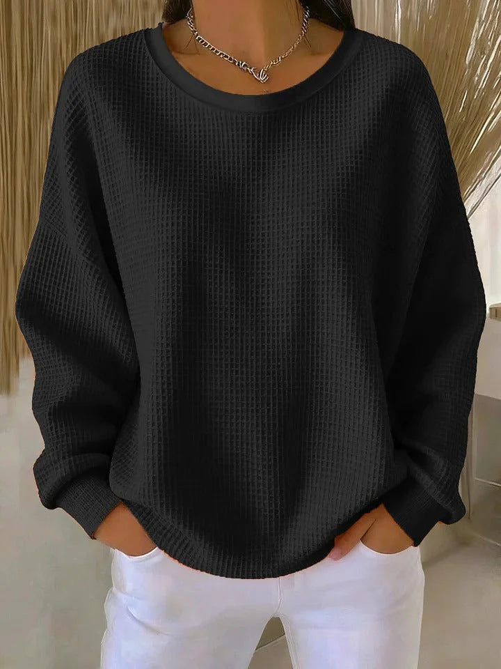 Damen Oversize Waffelstrick-Sweatshirt mit Rundhalsausschnitt Drune