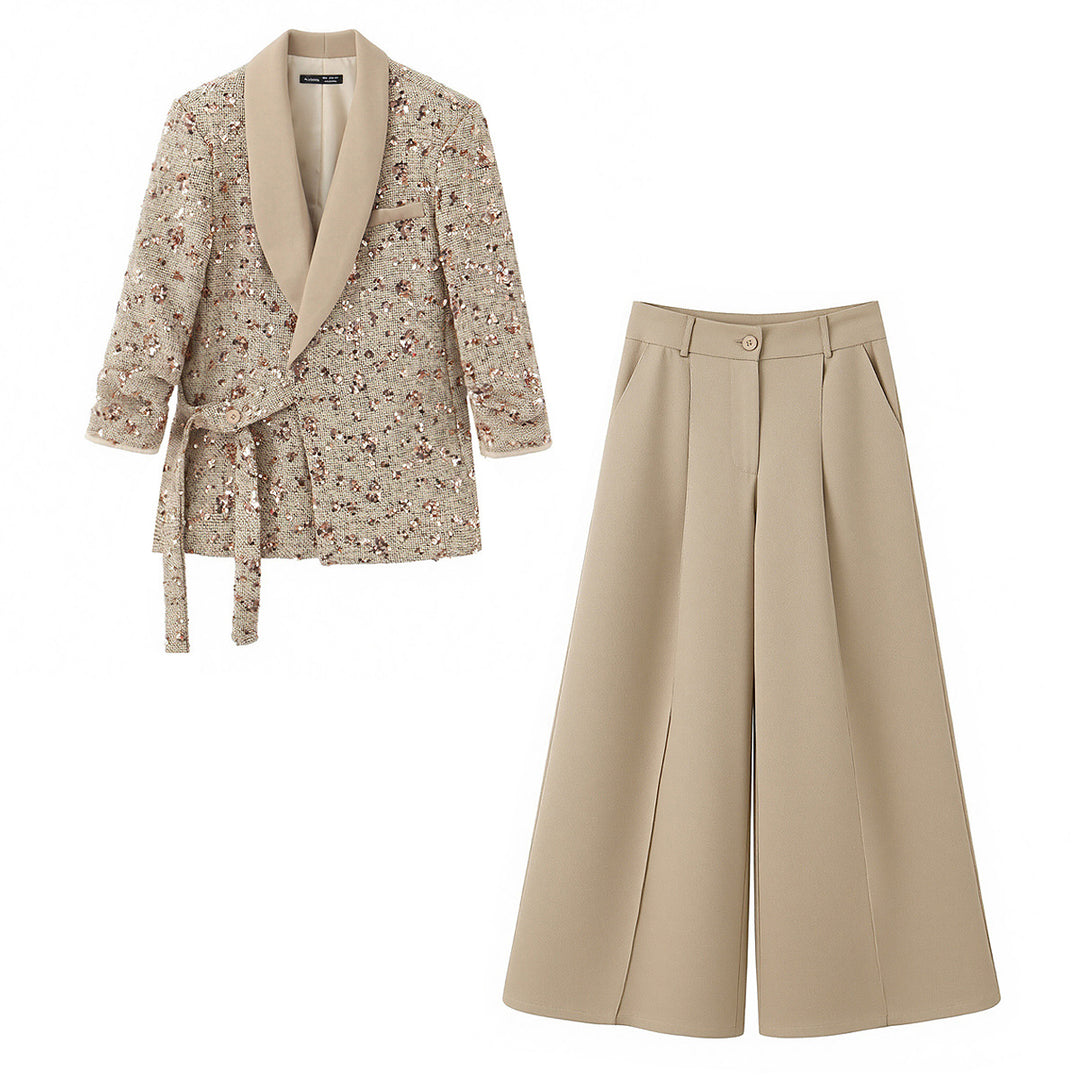 Damen Zweiteiliges Bouclé‑Wickelblazer und High‑Waist Palazzo‑Hosen Set Drune