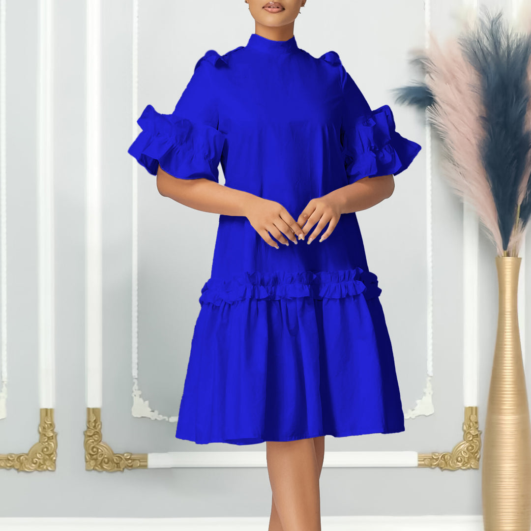 Damen Midikleid mit voluminösen Rüschenärmeln und elegantem Stehkragen Drune