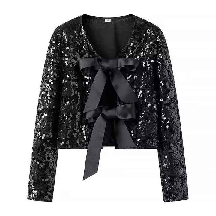 Damen nan Pailletten-Bolerojacke mit doppelt gebundenen Satin‑Schleifen und kurzer Cropped‑Silhouette Drune