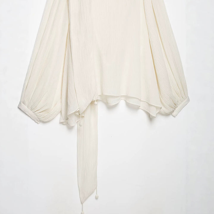 Damen Plissierte Oversize-Bluse mit Schlauchkragen und dekorativem Bindeschal Drune