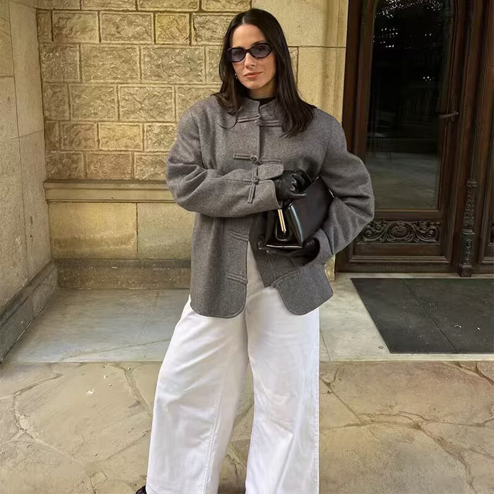 Damen Kurzer Wollmantel mit Knebelverschlüssen und Oversized-Schnitt Drune