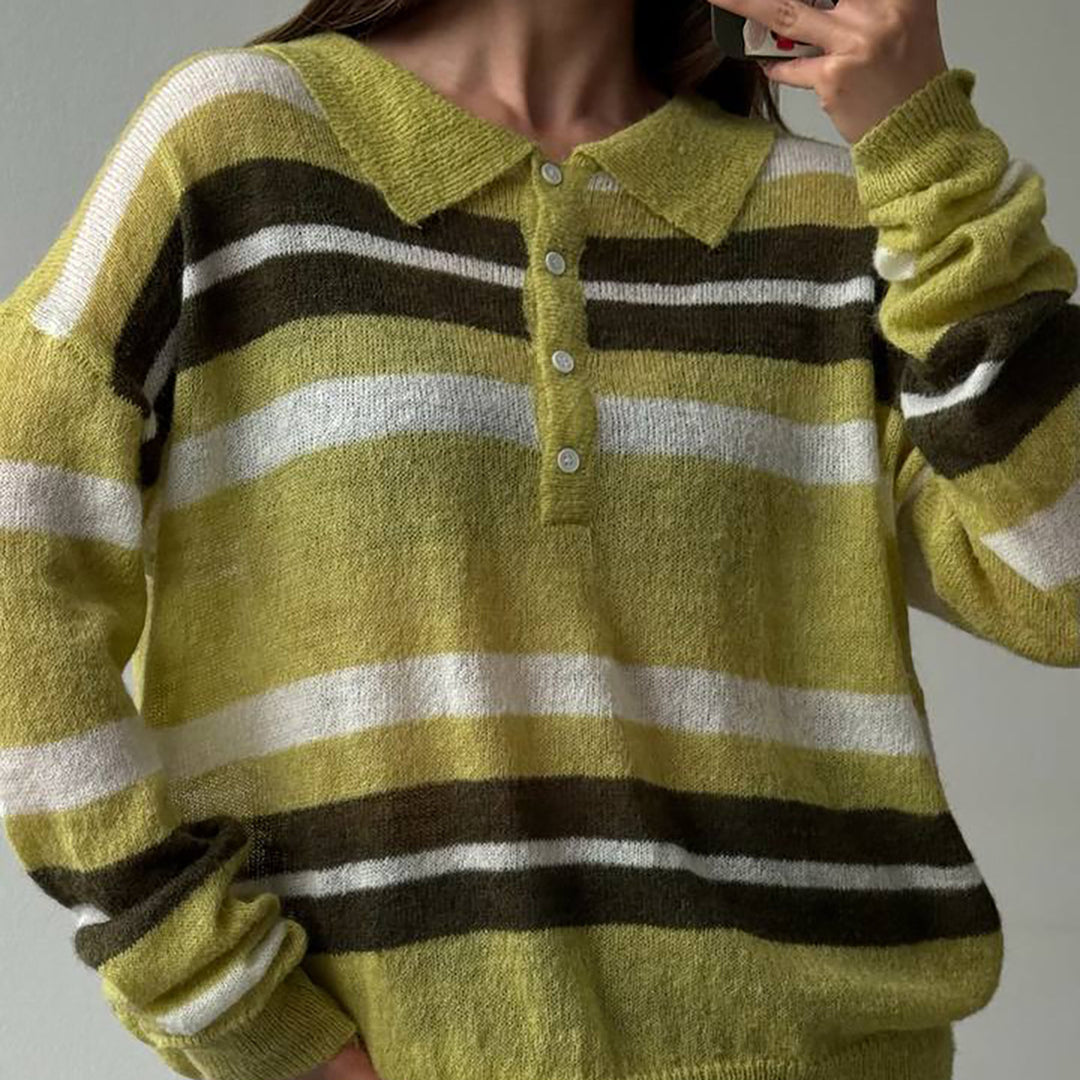 Damen Grob gestrickter Pullover mit Polo-Kragen und Blockstreifen Drune