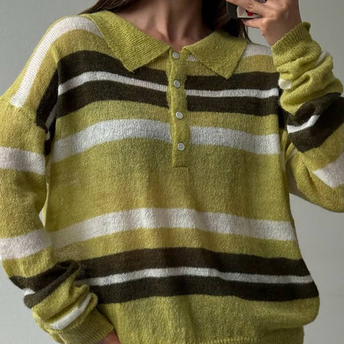 Damen Grob gestrickter Pullover mit Polo-Kragen und Blockstreifen Drune
