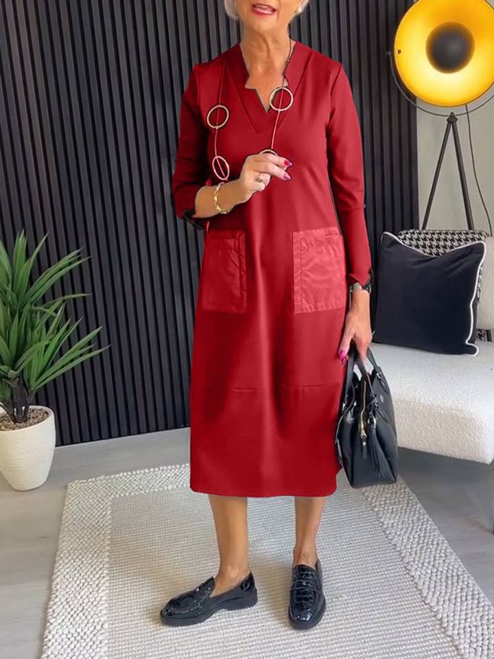 Damen nan knielanges, locker fallendes Kleid mit V-Ausschnitt Kontrasttaschen aus Satin und Dreiviertelärmeln Drune