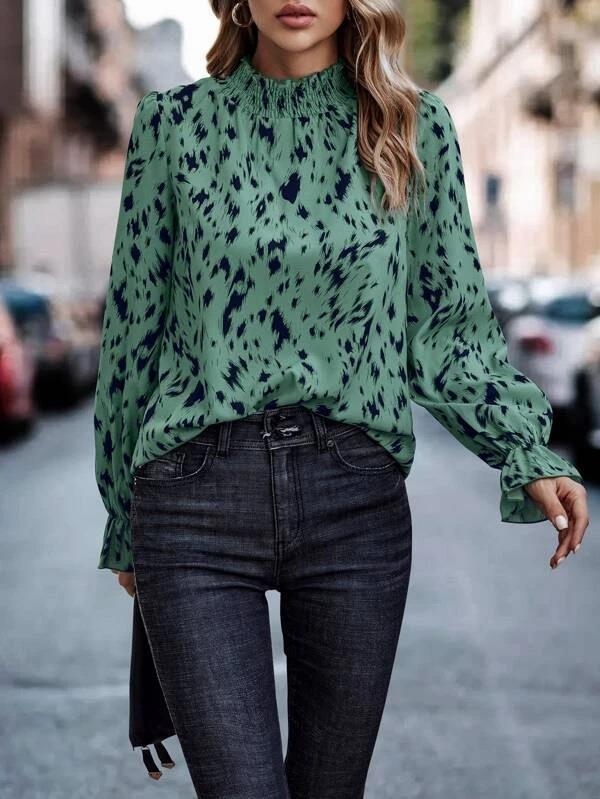 Damen Langarm-Chiffonbluse mit gerafftem Stehkragen und Fleckenmuster Drune