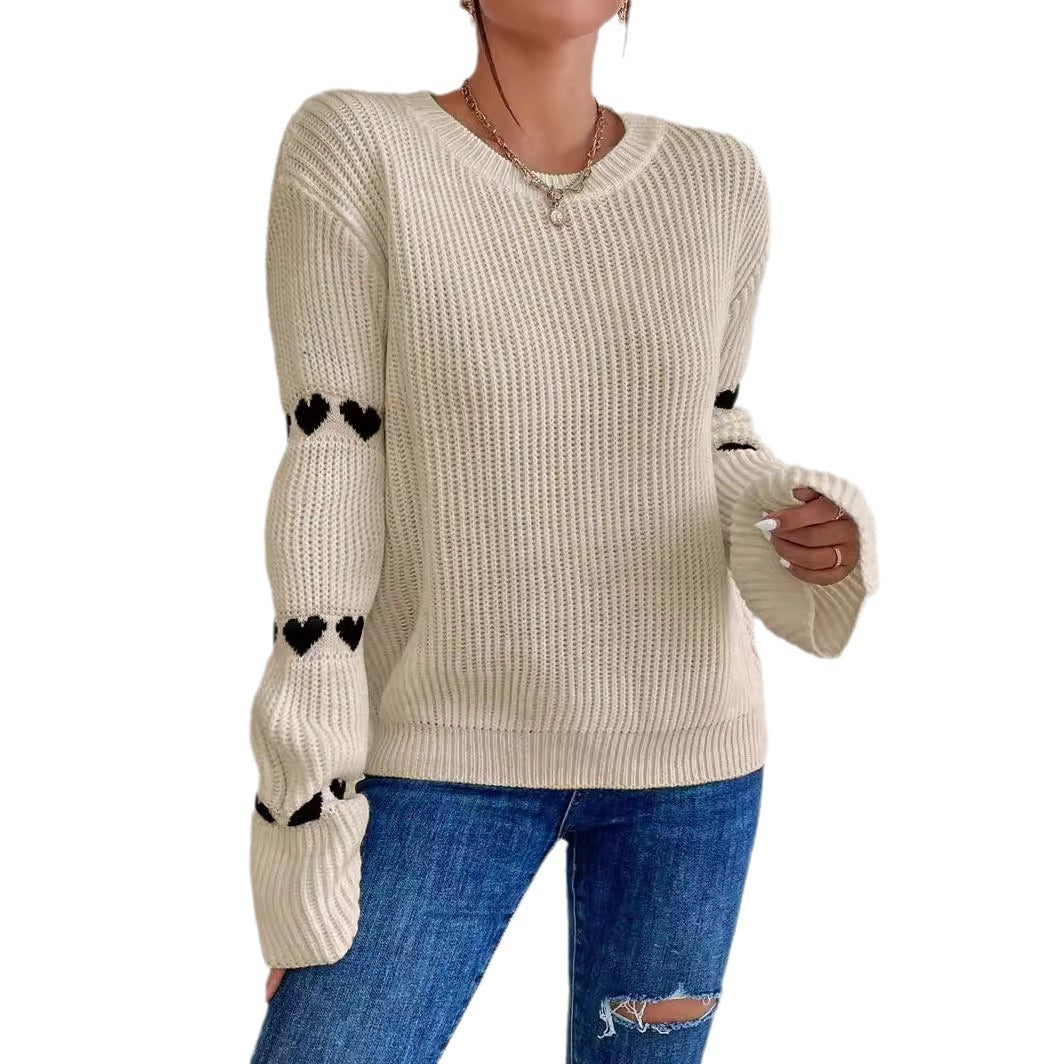 Damen lässiger Strickpullover mit Herzmuster und weitem Arm Drune