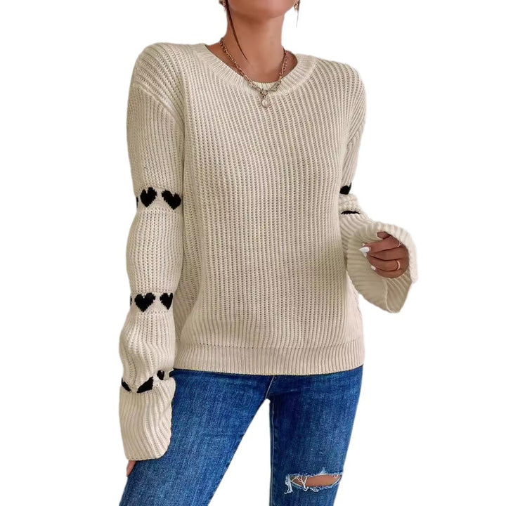 Damen lässiger Strickpullover mit Herzmuster und weitem Arm Drune
