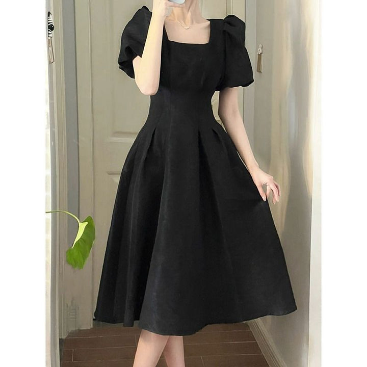 Damen elegantes Midi-Kleid mit quadratischem Ausschnitt und voluminösen Ärmeln