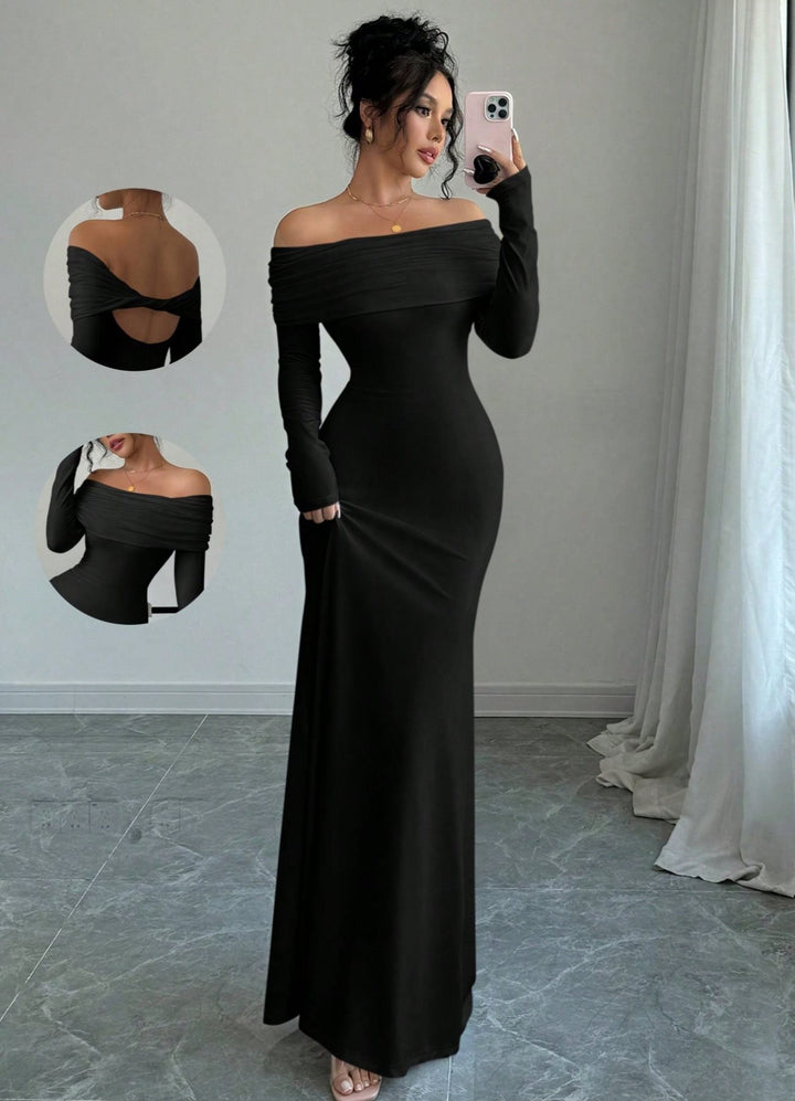 Damen elegantes Schulterfreies Langarm-Maxi-Kleid mit raffinierten Rückendetails Drune