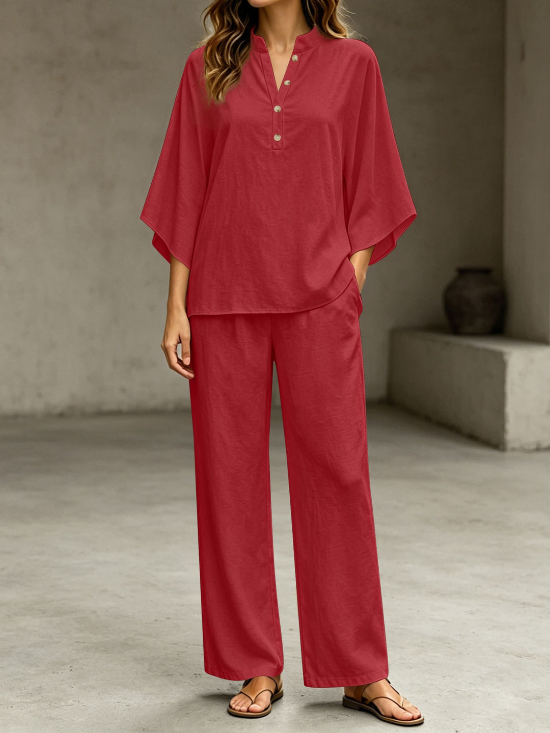 Damen Lässiges Zweiteiler‑Set mit Stehkragen‑Henleytop und weitem High‑Waist Palazzo‑Hose Drune