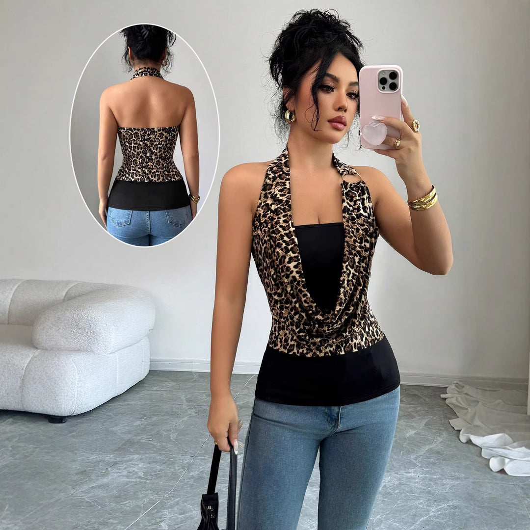 Damen Ärmelloses Neckholder-Wickel-Top mit Drapierter Front und Metallring Drune