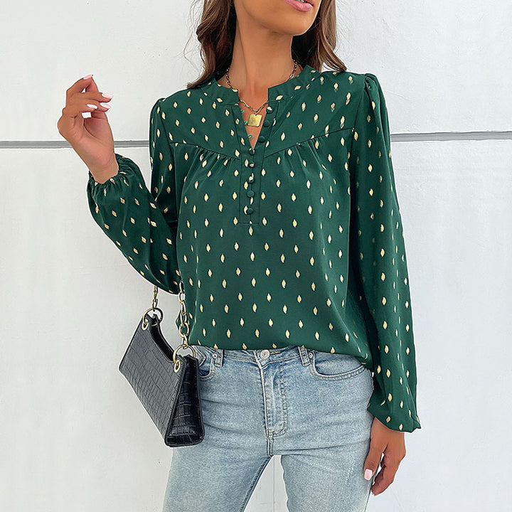 Damen Leichte Viskose-Bluse mit Stehkragen, Knopfleiste und feinem Tropfenprint Drune