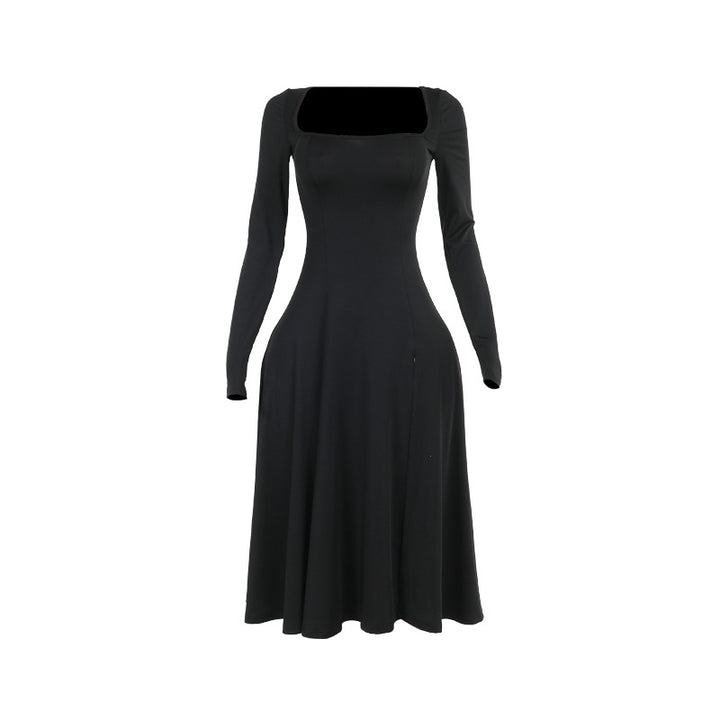 Damen Elegantes Langarmkleid mit quadratischem Ausschnitt und schwingendem Rock Drune