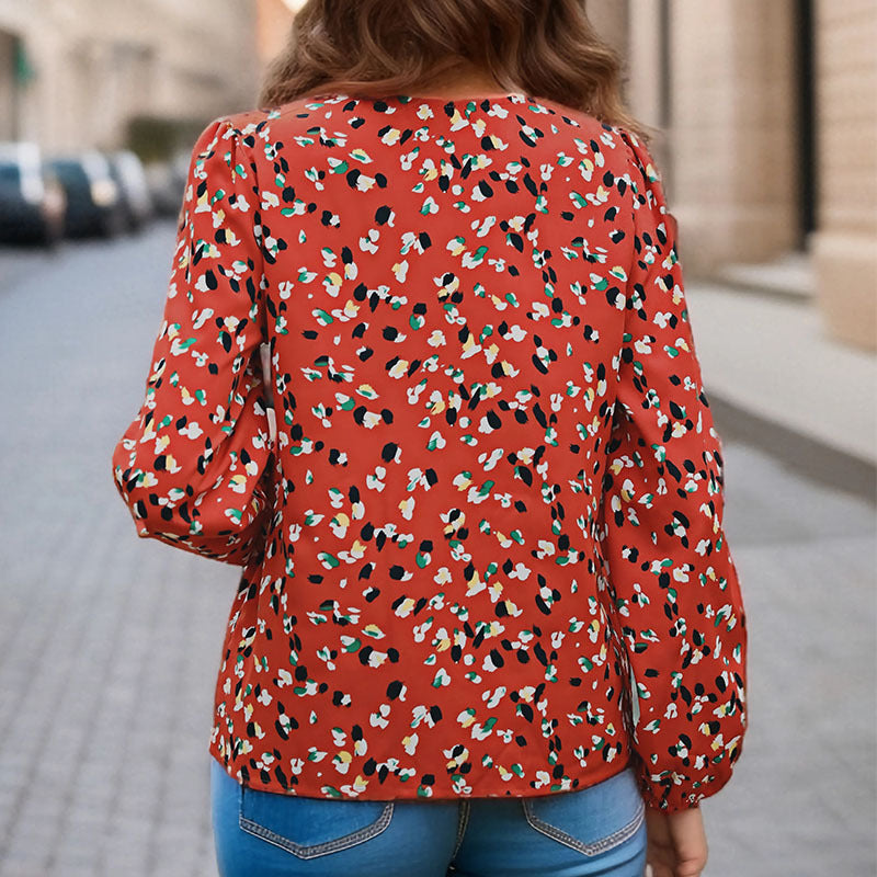 Damen Locker geschnittene V-Ausschnitt-Bluse mit kontrastierter Zierblende und Allover-Print Drune