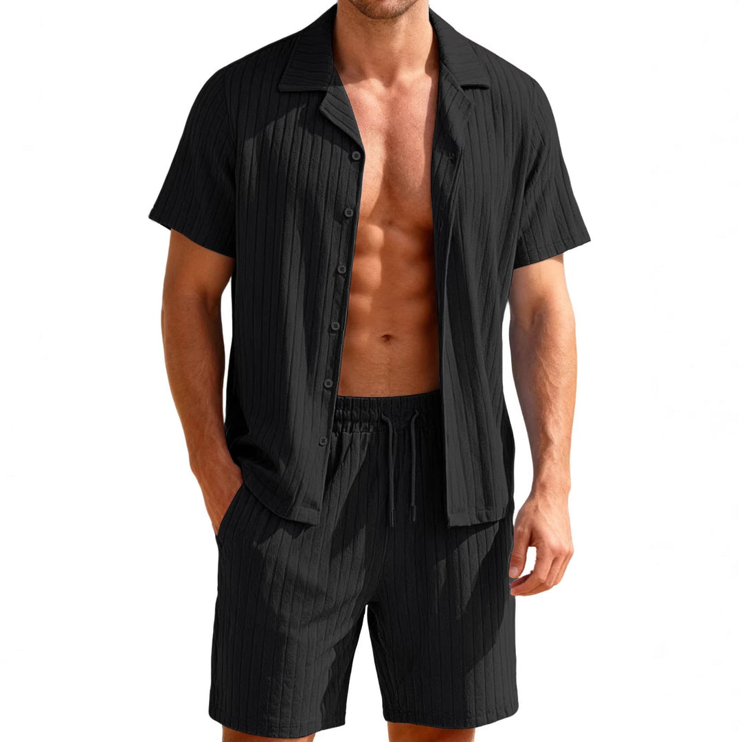 Herren nan geripptes Feinstrick-Lounge-Set mit kurzärmligem Revershemd und Kordelshorts Drune