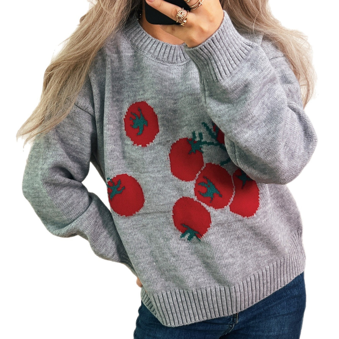 Damen Strickpullover mit verspieltem Tomatenmotiv und lässigem Schnitt Drune