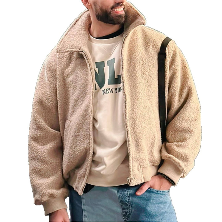 Herren Teddy-Fleece-Blouson mit Reißverschluss, Stehkragen und Rippbündchen Drune