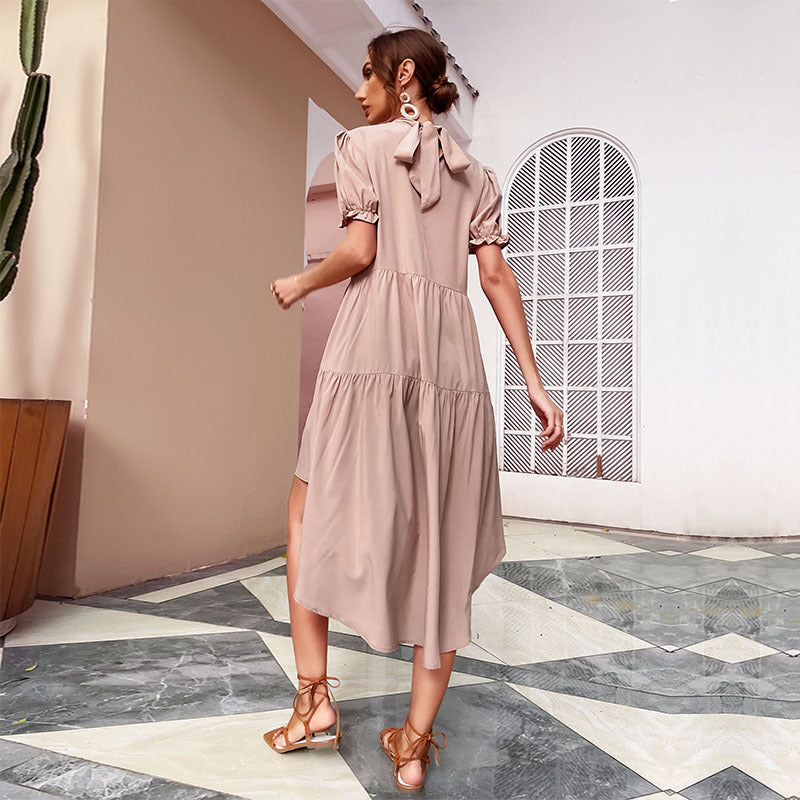 Damen lässiges Sommerkleid mit voluminösen Puffärmeln und elegantem asymmetrischem Saum Drune