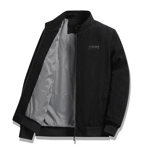 Herren  feiner Cordblouson mit Stehkragen, gestreiftem Innenfutter und verdeckten Druckknopftaschen Drune