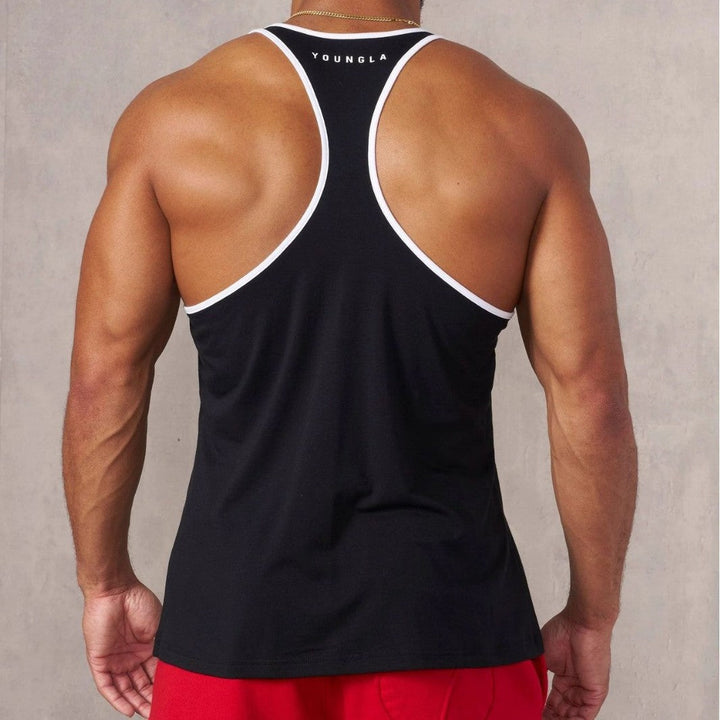 Herren nan athletisches Stringer Tanktop rückenfreier Schnitt mit Kontrastpaspel und Kraftsportmotiv Drune
