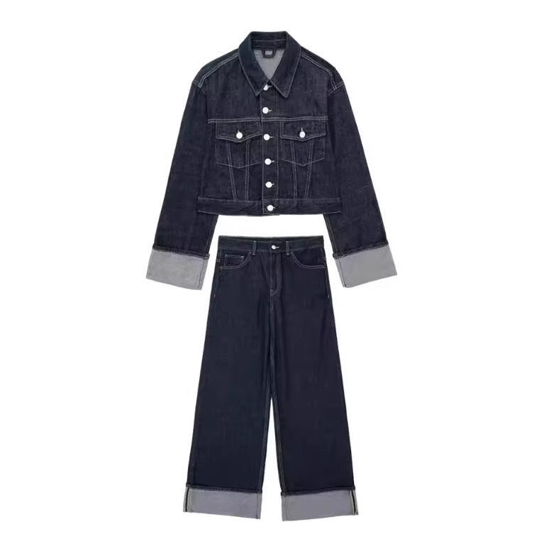 Damen 1700+ Cropped Jeansjacke mit überlangen Umschlagmanschetten und kastiger Silhouette Drune