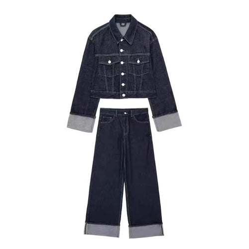 Damen 1700+ Cropped Jeansjacke mit überlangen Umschlagmanschetten und kastiger Silhouette Drune