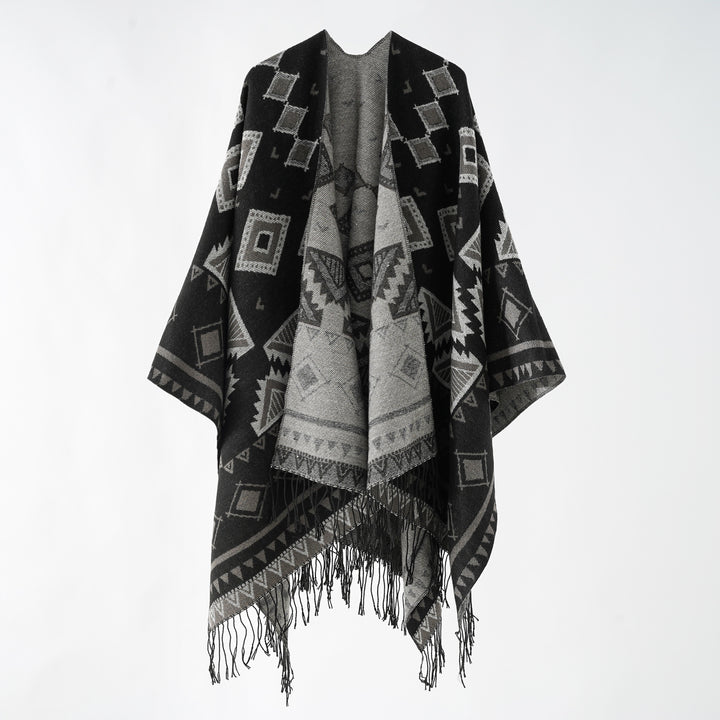 Damen Jacquard‑Wickelruana im Ethno‑Design mit Fransen und offenem Fall Drune