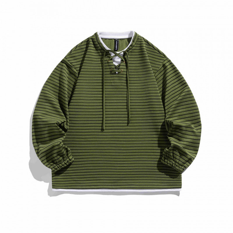 Unisex Gestreifter Oversize-Pullover mit Schnürkragen und Strukturstrick Drune