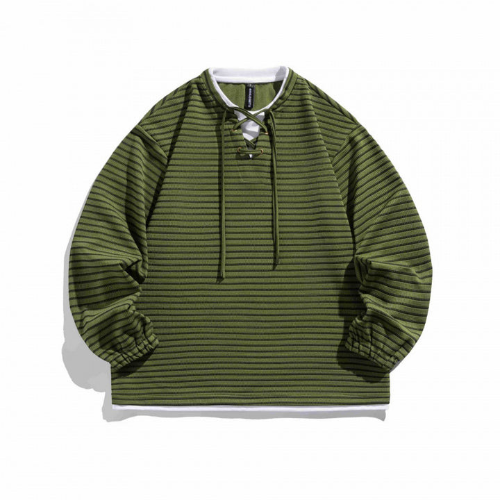 Unisex Gestreifter Oversize-Pullover mit Schnürkragen und Strukturstrick Drune