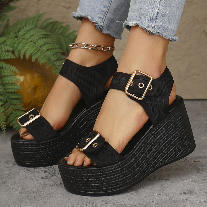 Damen Keil-Sandalen mit verstellbarem Riemen und exquisitem Bast-Design Drune
