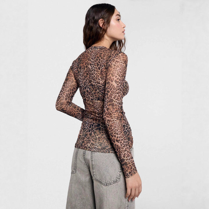Damen nan figurnahes Netz-Longsleeve mit Leopardenmuster und seitlicher Raffung Drune