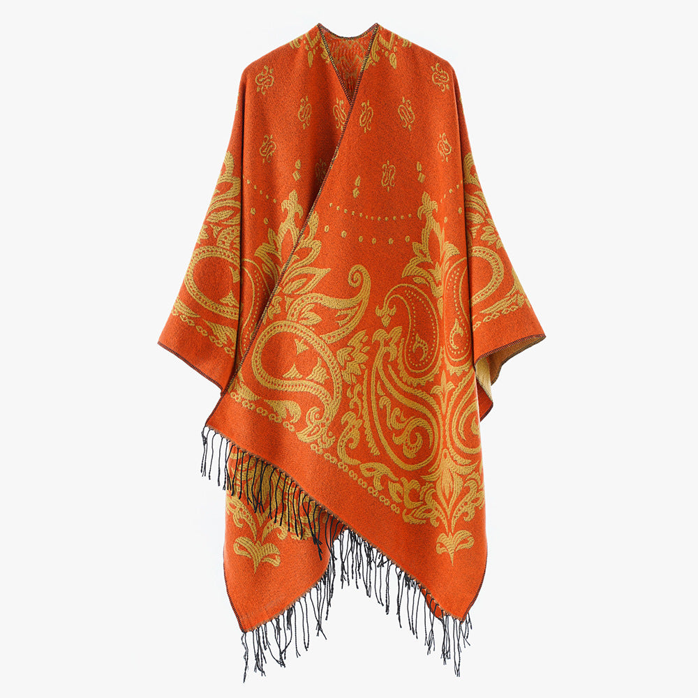 Damen Opulenter Jacquard‑Poncho im Kaftan‑Stil mit Fransen und Paisley‑Relief Drune
