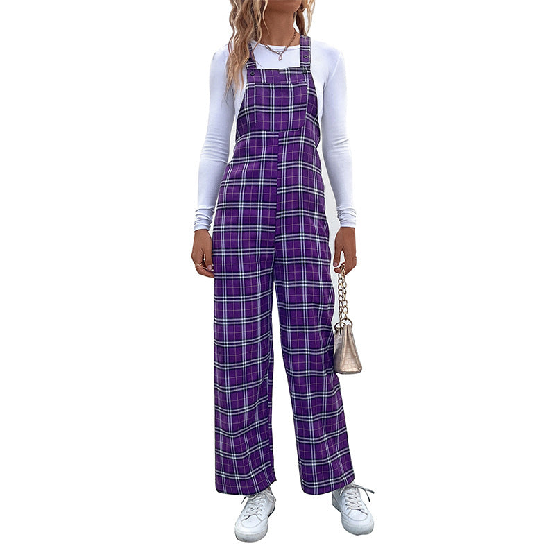 Damen Lässiger Karierter Jumpsuit mit breitem Bein und verstellbaren Trägern Drune
