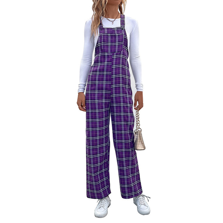 Damen Lässiger Karierter Jumpsuit mit breitem Bein und verstellbaren Trägern Drune