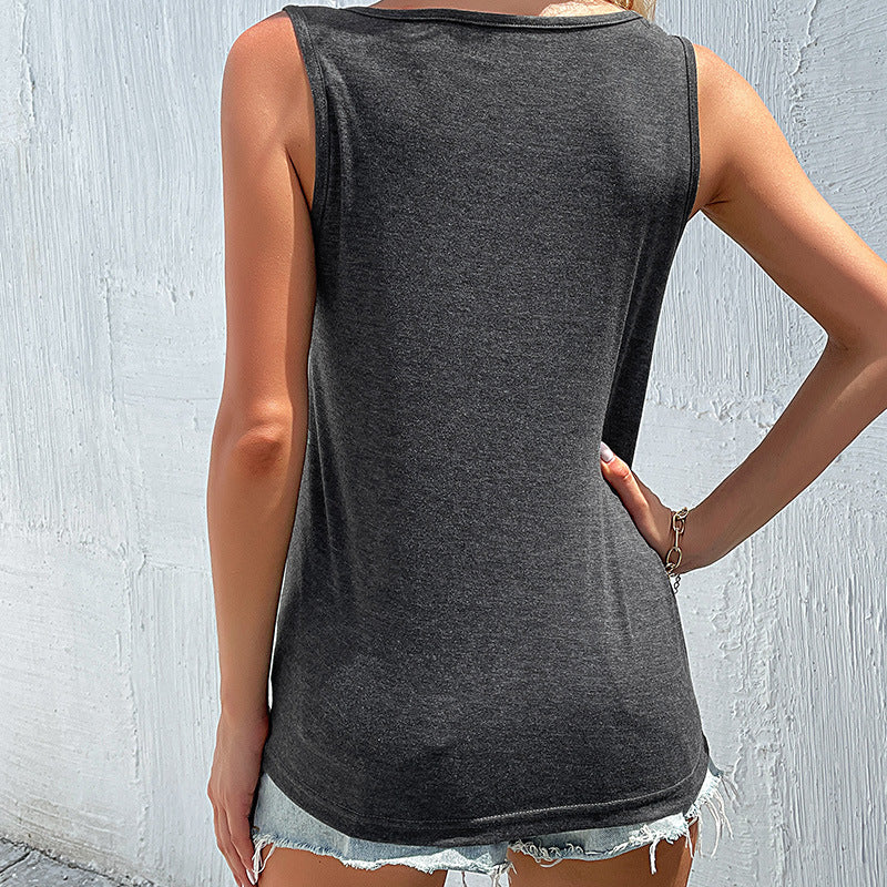 Damen lässiges ärmelloses T-Shirt mit Knopfdetails und asymmetrischem Schnitt Drune