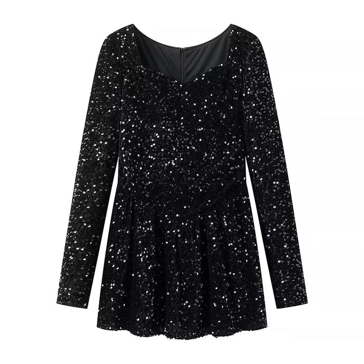Damen nan Samt-Pailletten-Peplumshirt mit weitem ausgestelltem Saum und langem Arm Drune