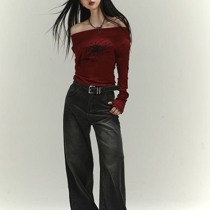 Damen Langarmshirt mit asymmetrischem Ausschnitt und grafischem Druck Drune