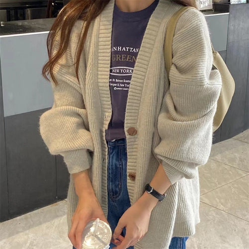 Damen kuschelige Strickjacke mit überschnittenen Schultern und Knopfdetails Drune