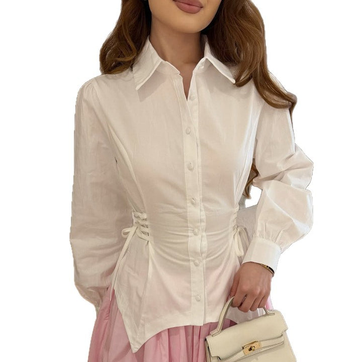 Damen taillierte Baumwollbluse mit Seitenschnürung und Ballonärmeln Drune