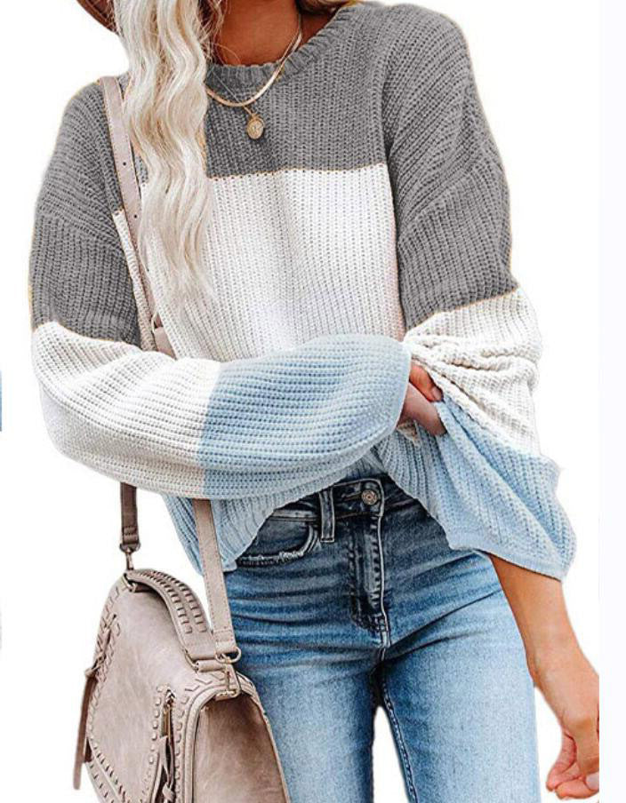Damen Oversize Colorblock Strickpullover mit Ballonärmeln Drune