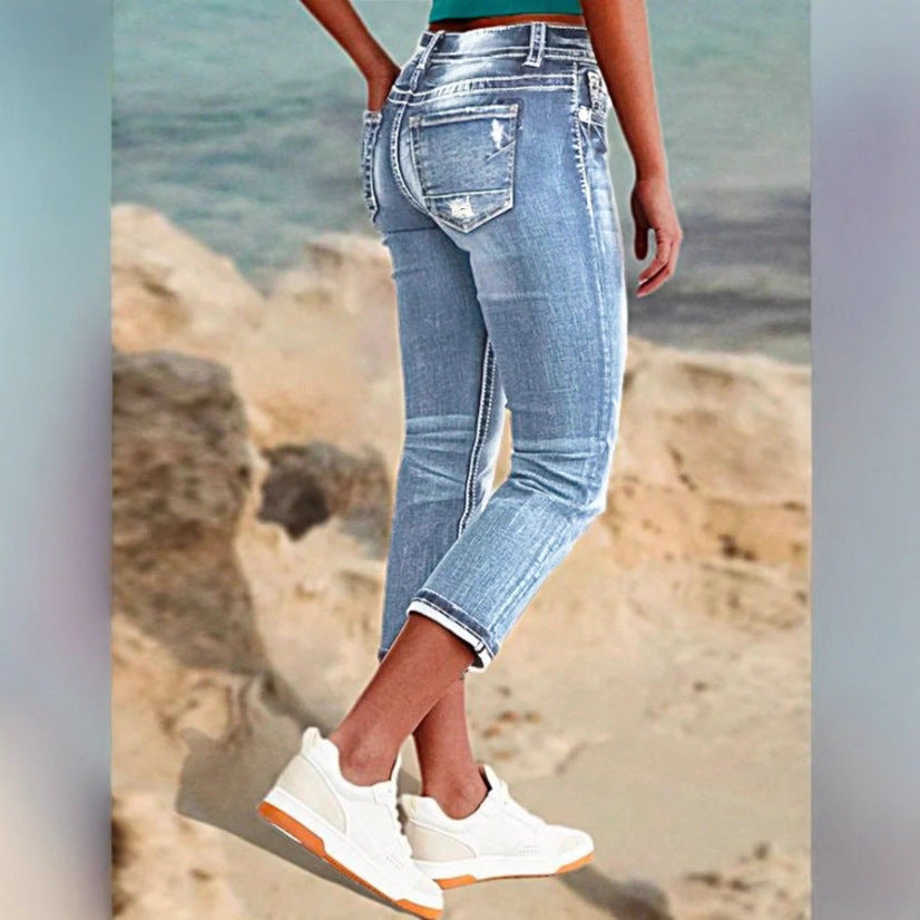 Damen Cropped-Jeans im Capri-Schnitt mit taillenhoher Passform und dezenter Used-Waschung Drune