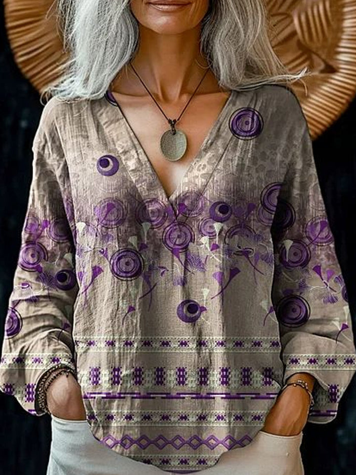 Damen Boho-Leinenmischung Tunika-Bluse mit V-Ausschnitt und floraler Aquarellstickerei Drune